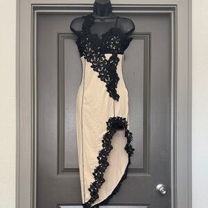 Asymmetrical Black and Cream Lace Dress